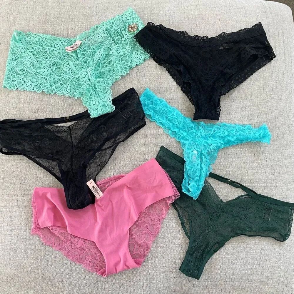 NWT NWOT 6 Pair Victoria’s Secret Lace Panties Black Aqua Pink $150 L